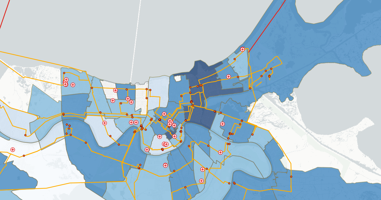 Combined New Orleans map showing healthcare facilities overlaid with energy infrastructure as part of the Medical Energy Resilience Profile.